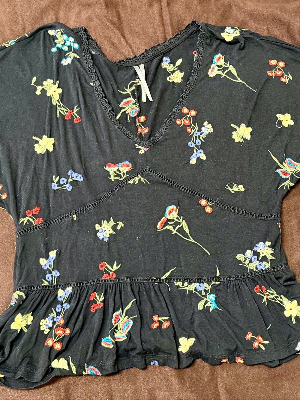 Anthropologie Black Floral Embroidered V-Neck Blouse